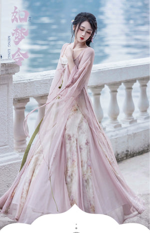 Pink Chinese style Han element dress big pendulum fish tail tattered sleeve fairy energy spring and summer suit - Yandan_Hanfu