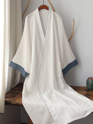 Chinese style white Hanfu robe homewear pajamas with blue sleeve cuffs, made from pure cotton for elegant loungewear comfort.