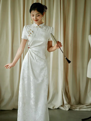 "Kite Butterfly" White Jacquard Cheongsam Bridal Toast Dress Engagement Dress - Yandan_Hanfu