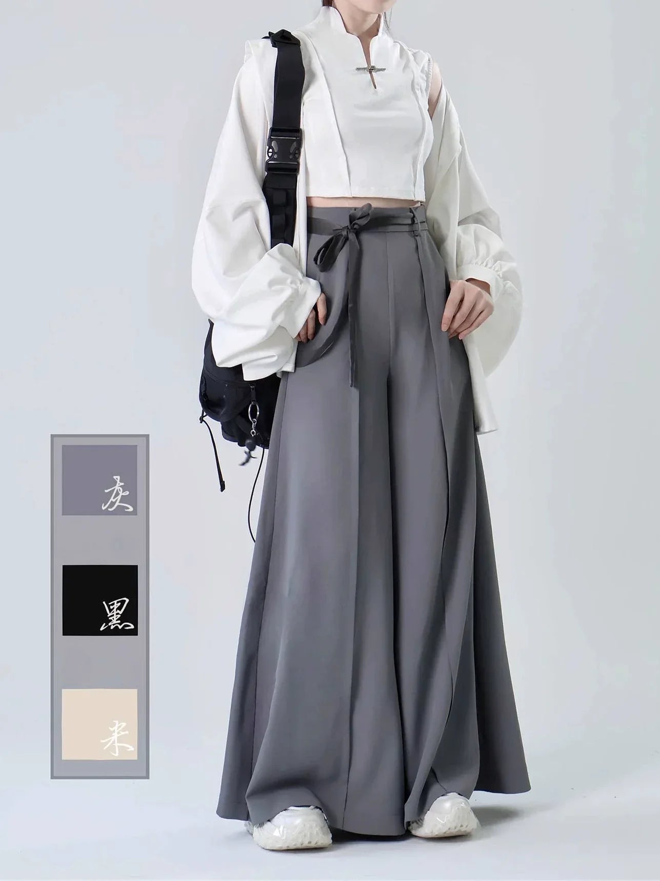 Tied Harmony – Unisex Wide-Leg Pants | New Chinese Style High-Waist Pleated Trousers with Belted Design - Yandan_Hanfu