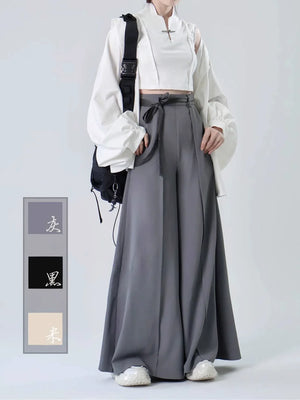 Tied Harmony – Unisex Wide-Leg Pants | New Chinese Style High-Waist Pleated Trousers with Belted Design - Yandan_Hanfu