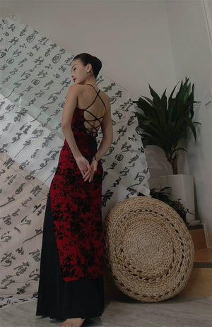 Burgundy Vintage Flocked Velvet Cheongsam – Modern Dance-Inspired Qipao Dress - Yandan_Hanfu