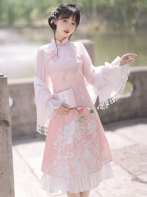 Modern Hanfu Cheongsam Dress in pink with flowing sleeves and floral design, ideal for women seeking a blend of tradition and elegance.