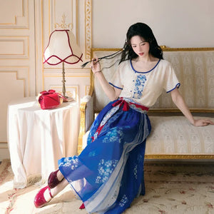 Moonlit Blossoms – Tang Dynasty Inspired Summer Hanfu with Embroidered Round Collar Top & Flowing Skirt - Yandan_Hanfu