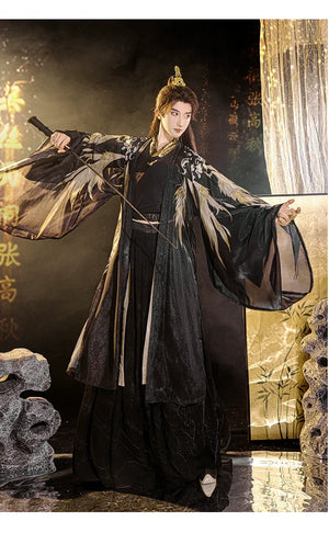 Black&Gold Tang-Style Hanfu Couple Set – Traditional Chinese Outfit with Wide-Sleeve Robe & Printed Hezi Skirt - Yandan_Hanfu
