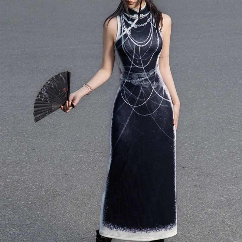 Black&white pearl knitted printed cheongsam new Chinese Y2K Spice Girl sleeveless cheongsam dress - Yandan_Hanfu