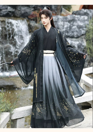 Golden Steps – Ink Bamboo & Butterfly Traditional Hanfu | Unisex Wei-Jin & Song Style Cross-Collar Wide-Sleeve Set - Yandan_Hanfu