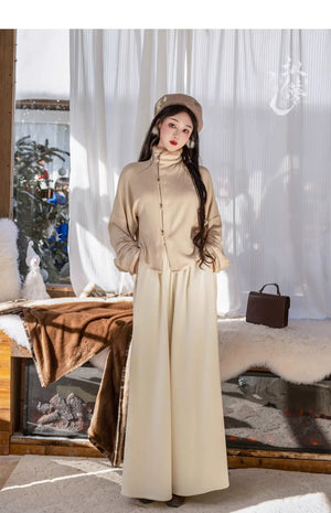 Amber Grace – Modern Hanfu Women's Autumn/Winter Set | Ming-Style Round-Collar Wool Coat with Plaid Song-Inspired Pants - Yandan_Hanfu