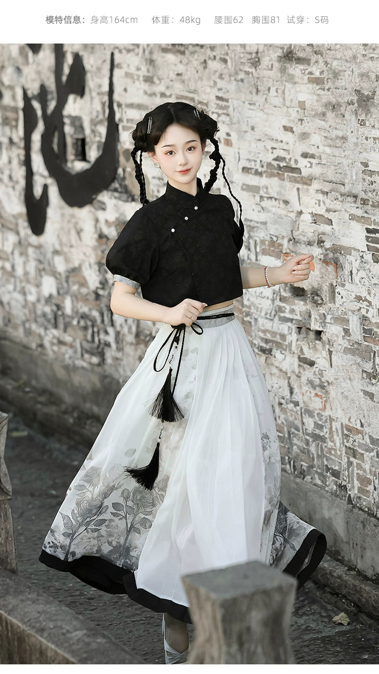 Flowing floral print skirt and black top in Chinese style, modeled outdoors for spring and summer fashion inspiration.