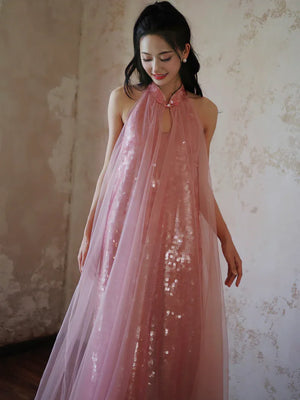 "Bella" pink sequined gauze halter dress bride - Yandan_Hanfu