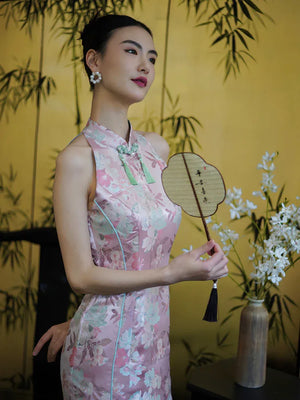 "Pink Bell" Pink Jacquard Bell Cheongsam/Qipao Shawl Bridal Dress - Yandan_Hanfu