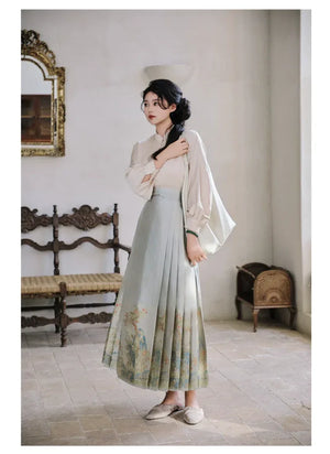 Yu Bai Green & Pink Hanfu Weaving Gold Horse Dress Crane Symphony - Yandan_Hanfu