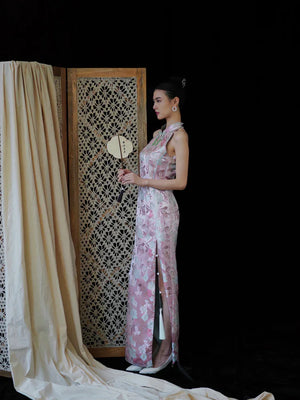 "Pink Bell" Pink Jacquard Bell Cheongsam/Qipao Shawl Bridal Dress - Yandan_Hanfu