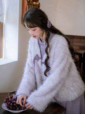 ''Falling Grace" Lace Qipao Cheongsam Dress & Faux Fur Jacket – Winter Collection - Yandan_Hanfu