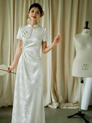 "Kite Butterfly" White Jacquard Cheongsam Bridal Toast Dress Engagement Dress - Yandan_Hanfu