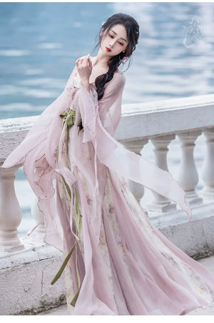 Pink Chinese style Han element dress big pendulum fish tail tattered sleeve fairy energy spring and summer suit - Yandan_Hanfu