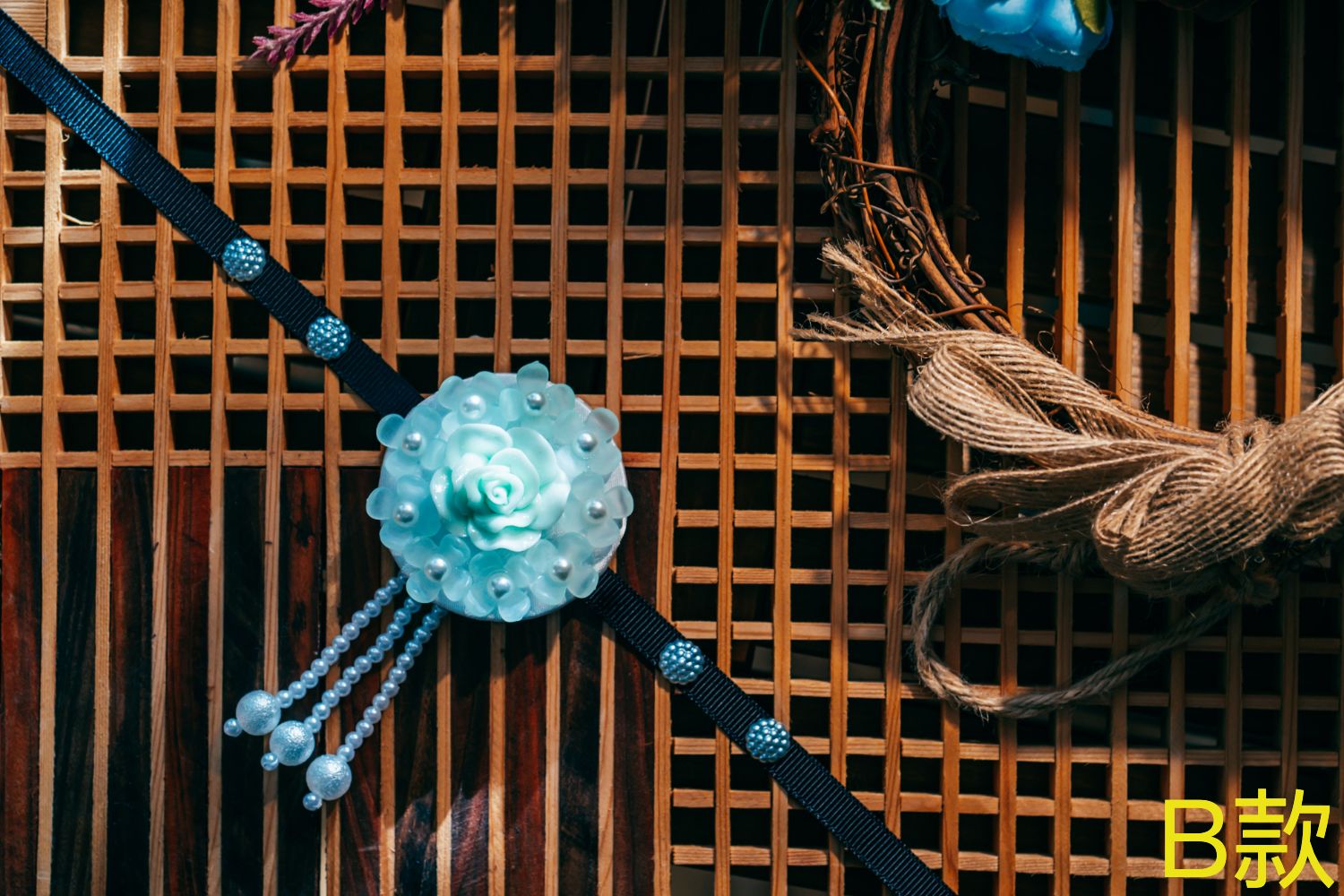 B-style Korean traditional headgear featuring a blue rose and pearl tassels, designed for hanbok and festive Korean wear.