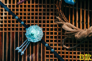 B-style Korean traditional headgear featuring a blue rose and pearl tassels, designed for hanbok and festive Korean wear.