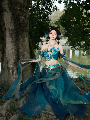 Blue Hanfu women's cosplay dress with fantasy butterfly design, featuring layered tulle and gold embellishments for a magical look.