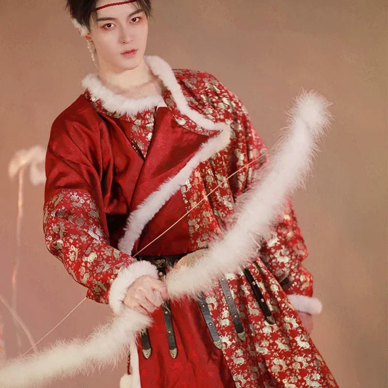 “First Dawn” – Warming Fur-Lined Tang Dynasty Robe | Gold Brocade New Year Edition (Unisex) - Yandan_Hanfu