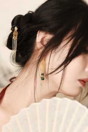 Su Mask Ear Clips - Hanfu Gold Tassel Earrings worn with traditional attire, showcasing elegant green chalcedony and long gold tassels.