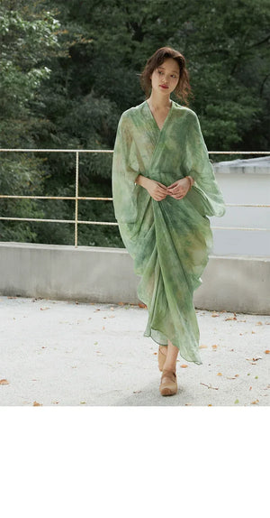 100% Ramie Modern Chinese Dress – Green Tie-Dye Print with Loose Silhouette & Camisole Layer - Yandan_Hanfu