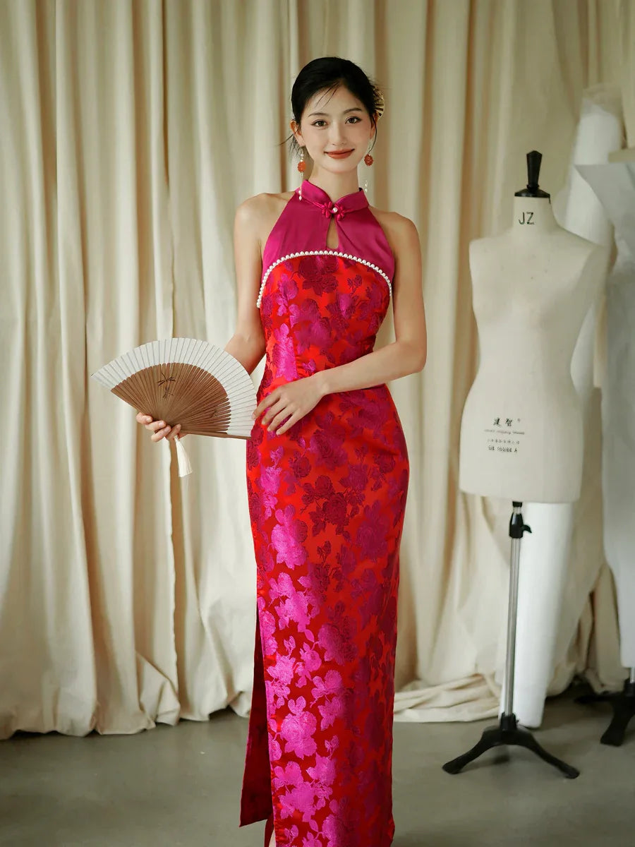 "Chuni" dragon fruit color jacquard cheongsam bride - Yandan_Hanfu