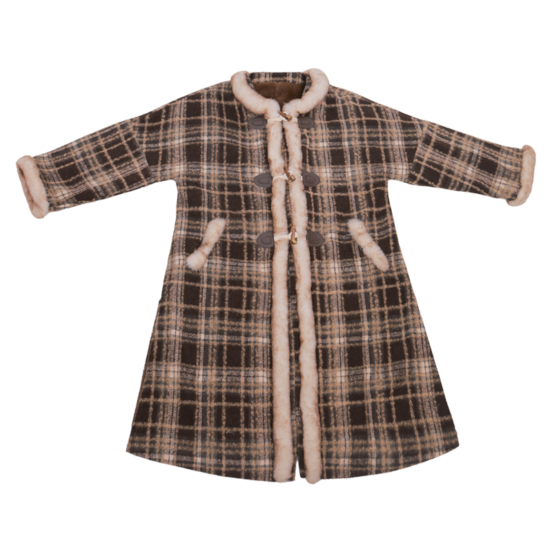 Amber Grace – Modern Hanfu Women's Autumn/Winter Set | Ming-Style Round-Collar Wool Coat with Plaid Song-Inspired Pants