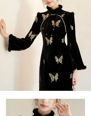 Black & Gold Velvet Cheongsam – Modern Chinese Winter Dress with Butterfly Bead Embroidery - Yandan_Hanfu