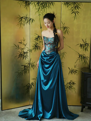 "Sparrow" Jacquard tube bride trailing wedding wedding dress toasting dress engagement - Yandan_Hanfu