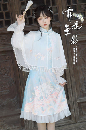 Feihua Hanfu Cheongsam Dress in blue with cape overlay, showcasing intricate embroidery and traditional design for women’s daily wear.