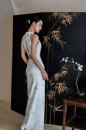 "Qianzhi" white embroidered shawl showing thin backless cheongsam bride wedding dress toast engagement - Yandan_Hanfu