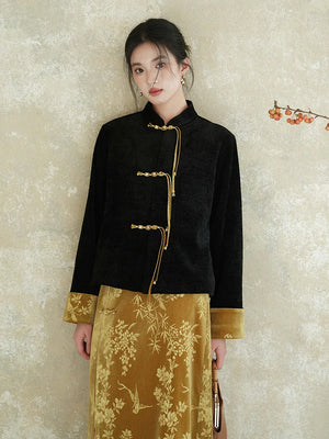 Velvet Elegance – Modern Chinese Women's Set | Black Embossed Tang-Style Jacket with Gold Skirt - Yandan_Hanfu