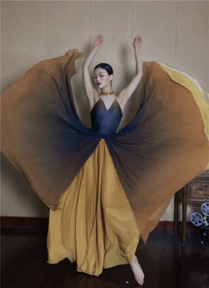 Forbidden Spring luxury Chinese-style performance set: elegant dance skirt with blue-yellow gradient, flowing chiffon in dramatic dance pose