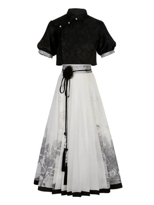 New Chinese style black top shirt print skirt set spring and summer - Yandan_Hanfu