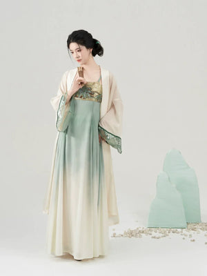 Walking Through Green Hills – Tang-Inspired Hanfu Dress Set with Camisole Gown and Overlap Blouse - Yandan_Hanfu