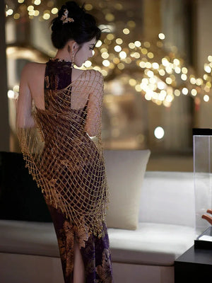 Improved cheongsam women's jacquard purple sexy dress - Yandan_Hanfu