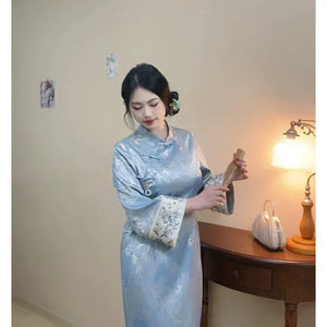 “Azure Spring” – New Chinese Embroidered Qipao | Plus-Friendly, Slimming Early-Spring Dress - Yandan_Hanfu