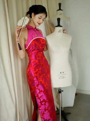 "Chuni" dragon fruit color jacquard cheongsam bride - Yandan_Hanfu