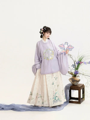 “Moonlit Blossom” Ming-Style Hanfu for Women – Embroidered Round-Collar Top & Mamian Skirt, Autumn/Winter - Yandan_Hanfu