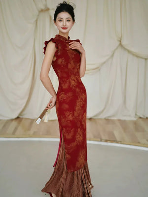 Lotus Step – Red Mermaid Qipao for Wedding, Engagement & Tea Ceremony - Yandan_Hanfu
