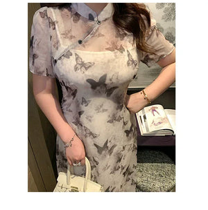 Ink-Butterfly Qipao – Elegant New Chinese Dress with Vintage Charm - Yandan_Hanfu