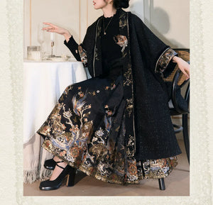 Spring Mountain Dragon – New Chinese Style Hanfu Set | Brocade Ma Mian Skirt with Embroidered Cape and Floral Gold Weave - Yandan_Hanfu