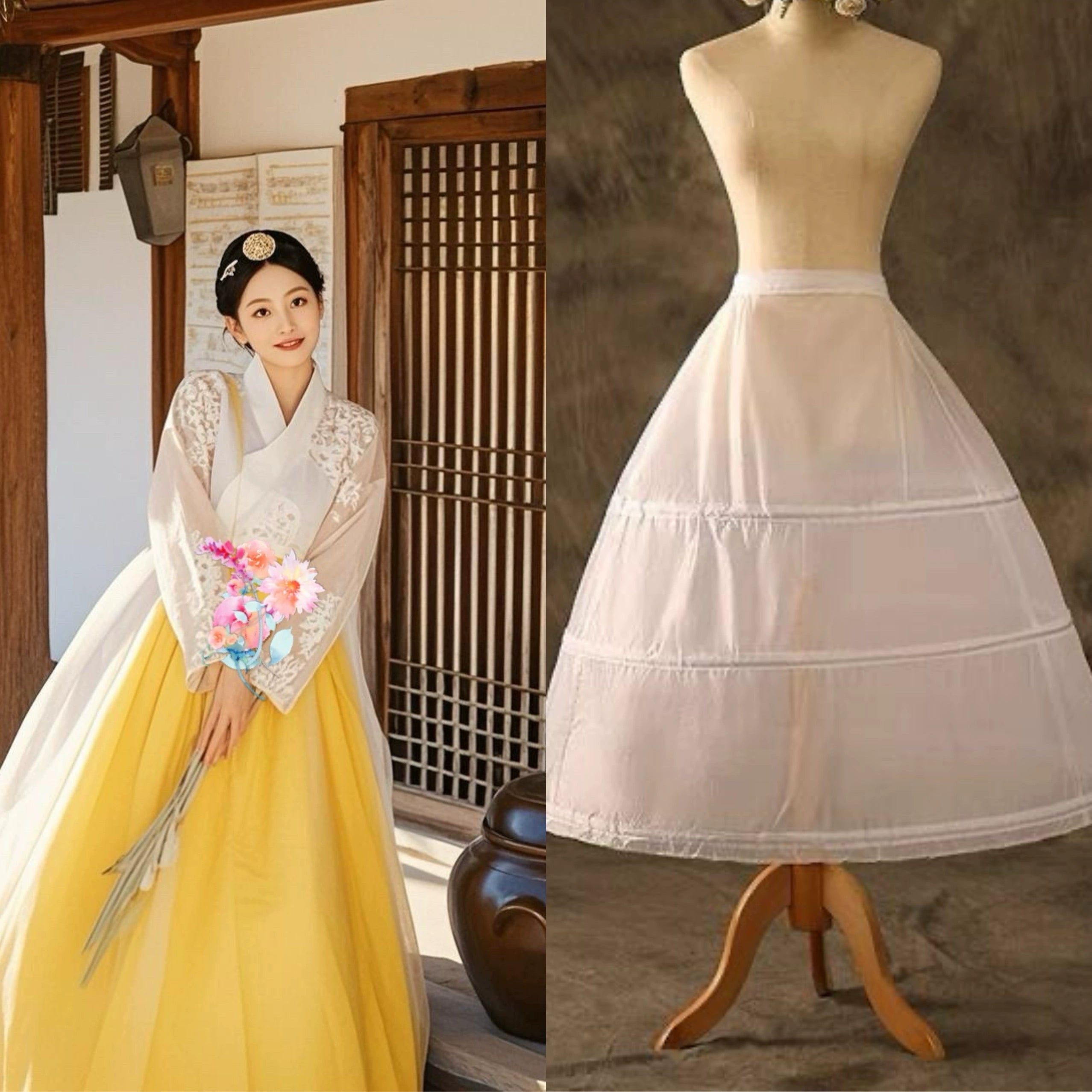 Accessory set for yellow Korean female high-end genuine Yanji court hanbok including petticoat, yellow norigae ribbon, and floral headband.