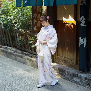 Cherry blossom season fresh and elegant beige Japanese kimono dress women's improved kimono yukata - Yandan_Hanfu
