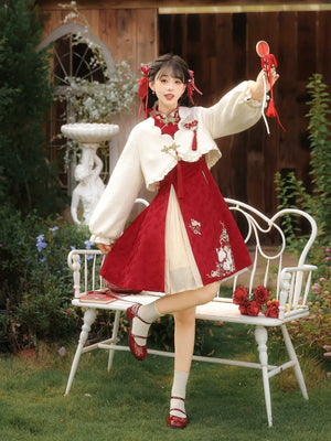 “Lucky Pony” – Red New-Year Hanfu Qipao Set | Modern Chinese Festive Outfit (Autumn/Winter) - Yandan_Hanfu