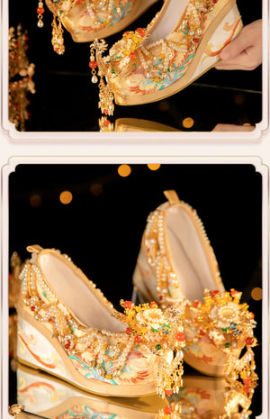 Champagne Golden Bride Chinese Wedding Shoes - Yandan_Hanfu