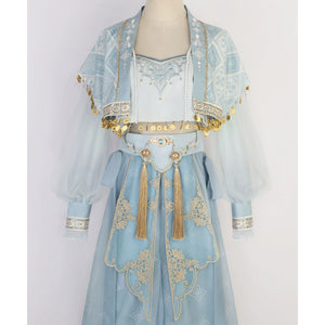 Full front view of blue Hanfu Princess Jasmine suit by 【Cloud Traveler】, with sheer sleeves and ornate belt design.
