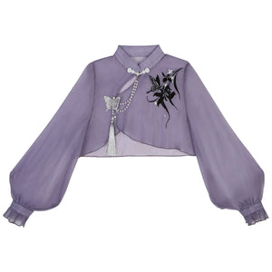 Iris ink butterfly girl exquisite fringed Han element sweet purple cheongsam fairy dress - Yandan_Hanfu