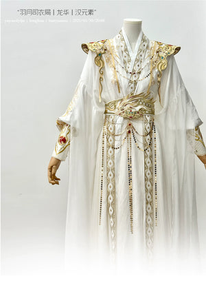 【Radiance of the Dragon】 White Hanfu Ensemble with Cross-Collar, Clouded Shoulders & Embroidered Seal men Unisex - Yandan_Hanfu